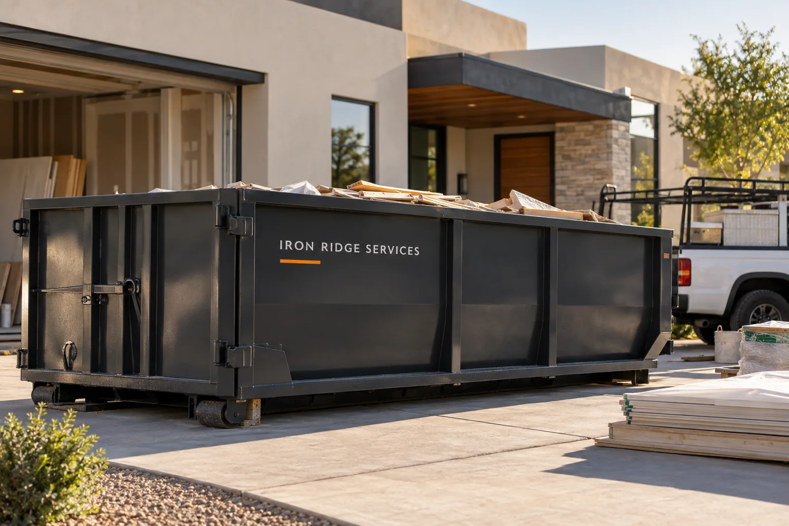 Brand concept: Iron Ridge dumpster at an organized Arizona remodel jobsite